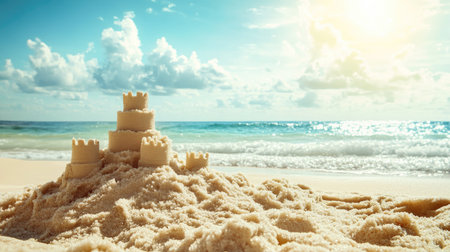 A bright, sunny day at the beach with a child sandcastle, with space for text in the sand or sky.の素材