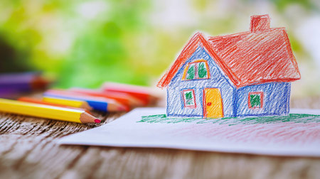 A close-up of a child drawing of a house, with space for text on the clear part of the paper.の素材