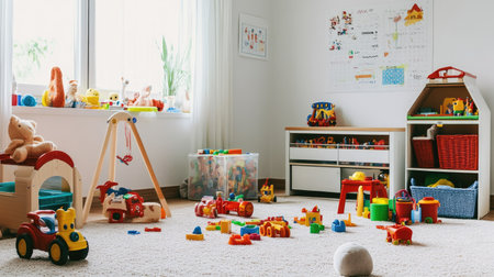 A bright, clean child playroom with scattered toys, leaving plenty of space for text on the open floor.の素材