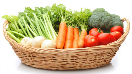 A vibrant and fresh assortment of vegetables in a wicker basket, perfect for healthy cooking and nutrition-focused meals. Ideal for food enthusiasts.の素材