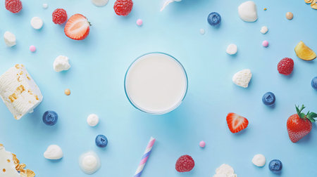 A vibrant arrangement of dessert ingredients including berries, cream, and confectionery on a blue background, perfect for culinary inspiration and food photography.の素材