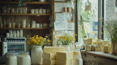 A charming display of fresh dairy products in a rustic shop, featuring a variety of cheeses and flowers, showcasing natural ingredients in a cozy setting.の素材