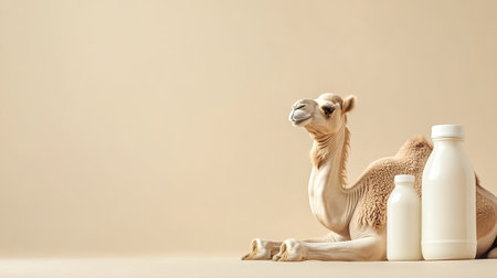 A serene illustration featuring a camel with bottles of milk against a soft beige background, highlighting a harmonious blend of nature and dairy products.の素材