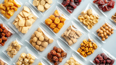 A visually appealing array of various snacks presented in clear bags, showcasing an assortment of treats perfect for sharing, parties, or quick munching.の素材