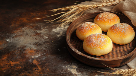 Indulge in these freshly baked bread rolls displayed on a rustic wooden plate. Perfect for a warm meal or a delicious snack. Ideal for food styling.の素材
