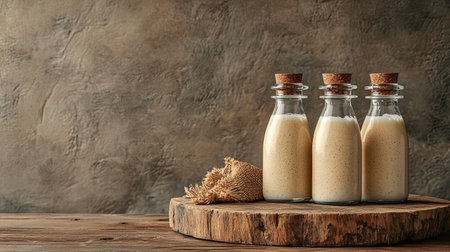 Explore the beauty of creamy beverages displayed in glass bottles. Set on a rustic wooden surface, this still life evokes warmth and natural simplicity.の素材