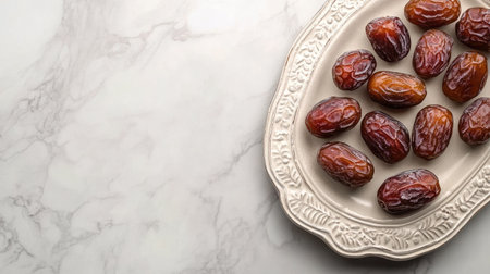 A beautiful arrangement of fresh dates on a decorative plate, showcasing their rich texture and color against a marble background, perfect for gourmet styling.の素材
