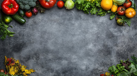 A beautiful arrangement of fresh and colorful vegetables on a dark surface, perfect for food-related projects, recipes, or health-themed design.の素材