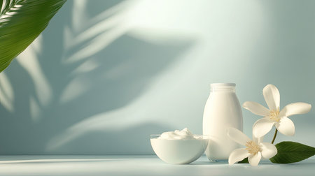 A serene still life featuring fresh milk and cream accompanied by delicate flowers and green leaves, creating a peaceful and inviting atmosphere.の素材
