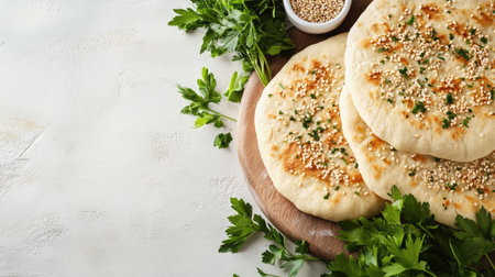 A close-up view of freshly baked flatbread topped with herbs and seeds, resting on a wooden board. Perfect for sharing or adding to your culinary creations.の素材