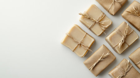 A collection of natural soap bars beautifully arranged on a rustic surface. Ideal for wellness, beauty products, or eco-friendly lifestyle themes.の素材