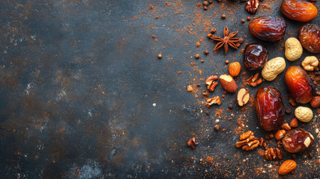 A beautiful arrangement of dried fruits and nuts scattered on a dark rustic surface, showcasing textures and colors ideal for healthy snack inspiration.の素材