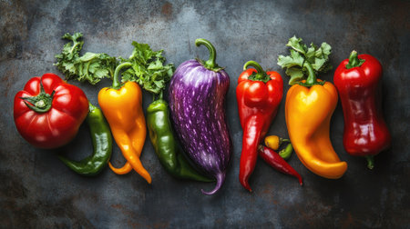 A vibrant array of fresh vegetables arranged on a rustic surface, showcasing peppers, eggplant, and leafy greens perfect for healthy culinary creations.の素材