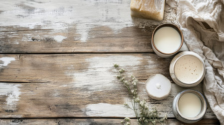 A calming arrangement of natural candles on a rustic wood surface, perfect for promoting wellness and relaxation in home decor or spa settings.の素材