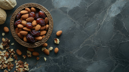 A beautiful arrangement of nuts and dried fruits in a rustic bowl on a dark marble surface, perfect for healthy snack inspiration and culinary presentations.の素材
