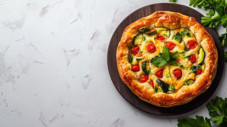 A beautifully arranged fresh vegetable quiche featuring vibrant cherry tomatoes and greens. Perfect for brunch or gatherings, this dish adds a rustic touch.の素材