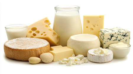 A beautiful arrangement of assorted cheeses and dairy products on a white background, perfect for culinary presentations or food photography needs.の素材