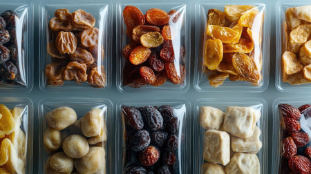 A vibrant display of assorted dried fruits in clear packaging. This enticing collection showcases a variety of colors and textures, perfect for healthy snacking.の素材
