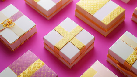 A vibrant arrangement of gift boxes with decorative ribbons on a bright pink background, perfect for celebrating special occasions and events.の素材