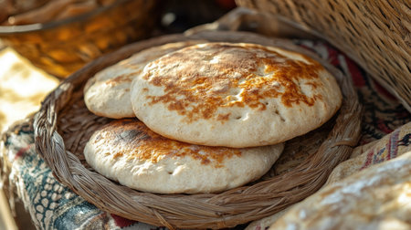 A beautiful display of freshly baked flatbreads resting on a rustic platter, showcasing a warm golden crust that invites sharing and enjoyment.の素材
