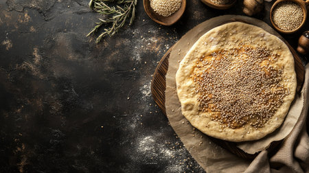 A rustic image showcasing fresh dough topped with sesame seeds on a dark surface, perfect for recipes and culinary inspiration. Ideal for food enthusiasts.の素材