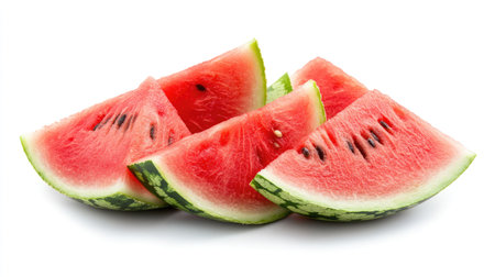 Enjoy a vibrant display of fresh watermelon slices on a white background. Perfect for summer-themed projects, health-related content, or food photography.の素材