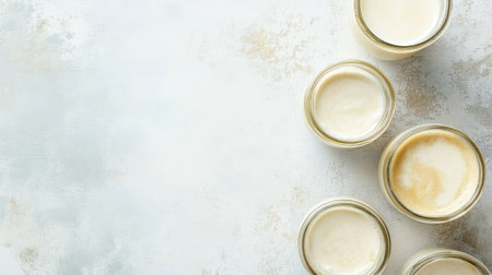 A collection of creamy desserts showcased in glass jars on a light background. Perfect for highlighting rich textures and inviting flavors in culinary photography.の素材