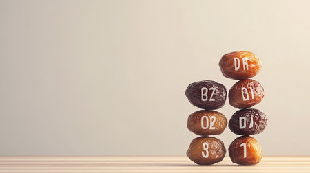 A visually appealing arrangement of stacked dates on a wooden table, featuring visible numbers on the fruits. Ideal for food, nutrition, or culinary-related projects.の素材