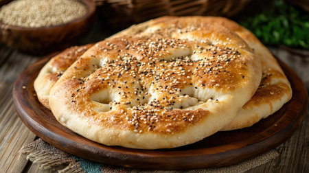 A close-up view of freshly baked flatbread topped with sesame seeds, perfect for showcasing culinary artistry and rustic meals. Ideal for food-related projects.の素材