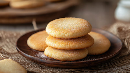 A cozy arrangement of freshly baked cookies on a rustic wooden plate, perfect for snack time or dessert gatherings. Enjoy the simple, sweet delight!の素材