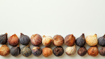 A beautiful arrangement of fresh and dried figs on a minimalist background, showcasing their unique shapes and colors, perfect for culinary projects.の素材
