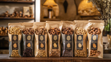 A beautiful display of assorted nuts in natural packaging, showcasing a variety of healthy snacks. Perfect for culinary uses, gifts, and local markets.の素材