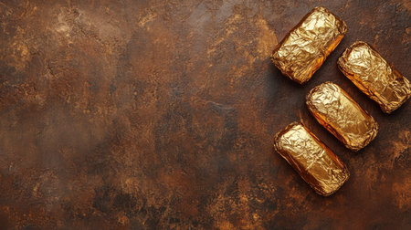 Discover beautiful wrapped gold candies on a rustic background, perfect for showcasing luxurious treats or festive celebrations in a stunning visual presentation.の素材