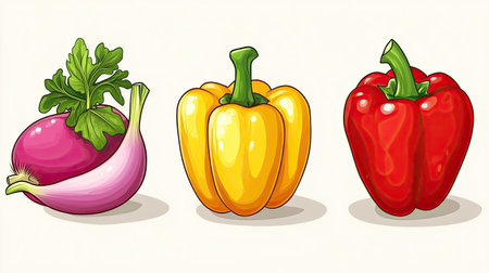 This vibrant illustration features colorful vegetables including radish, yellow pepper, and red pepper, perfect for art projects, culinary themes, or fresh food designs.の素材