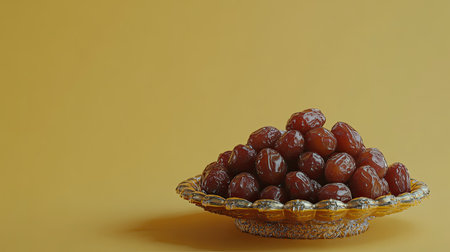 A vibrant display of glazed fruits on a decorative plate against a bright yellow background, perfect for culinary photography and food artistry.の素材