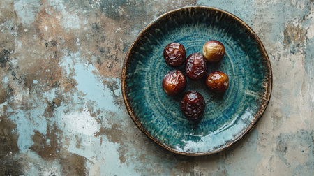 A collection of dried fruits arranged on a rustic plate, showcasing rich textures and colors. Perfect for food enthusiasts and healthy lifestyle themes.の素材