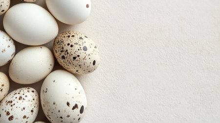 A visually appealing collection of different eggs arranged on a light surface, highlighting their natural textures and colors, perfect for culinary or farm-related themes.の素材
