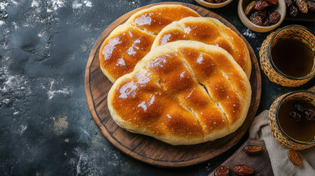 Enjoy a delightful scene featuring freshly baked soft bread on a rustic wooden board. Perfect for breakfast or as a cozy snack.の素材