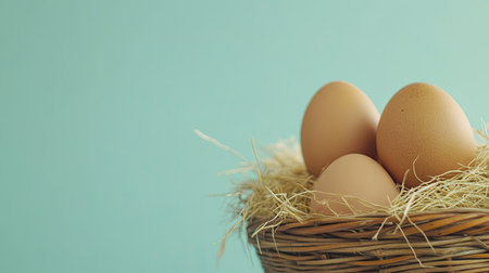 A serene composition featuring brown eggs nestled in straw within a woven basket. The soft blue background enhances the natural and fresh appeal, perfect for culinary themes.の素材