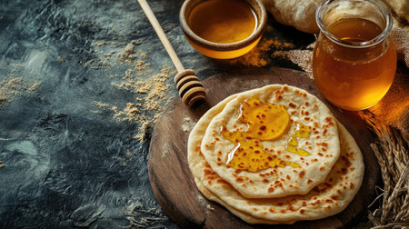 A warm flatbread drizzled with golden honey served on a rustic wooden board, perfect for showcasing delicious homemade meals and natural ingredients.の素材