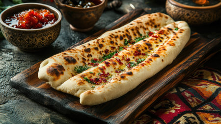 Experience the rich flavors of traditional Turkish bread, beautifully baked with spices and herbs. Perfect for sharing at meals or as a savory snack.の素材