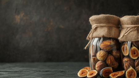 Two jars filled with dried figs sit elegantly on a rustic table. The burlap accents add a natural touch, highlighting the beauty of simple, healthy snacks.の素材