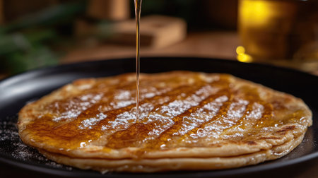 A close-up view of a delicious pancake being drizzled with syrup, showcasing its golden-brown texture and inviting dessert appeal on a black plate.の素材