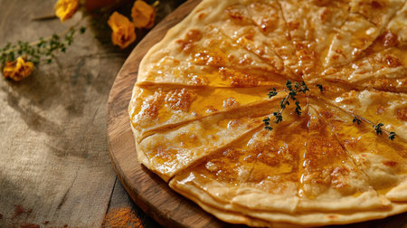 This image showcases a delicious flatbread topped with honey and fresh herbs, beautifully arranged on a wooden board, perfect for a culinary display.の素材