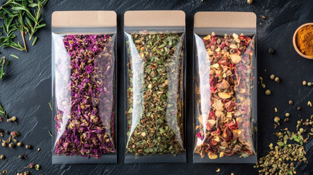 Vibrant dried herbs and flowers in eco-friendly packaging, perfect for culinary use, herbal teas, or decorative purposes. Elevate your kitchen aesthetics!の素材