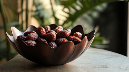 A stunning display of fresh dates in an elegant bowl, perfect for enhancing kitchen decor. This image captures a moment of natural beauty with rich colors.の素材