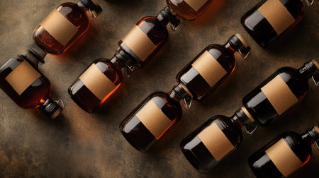 Aerial view of amber glass bottles on a dark textured surface. Ideal for product photography, branding concepts, or minimalistic designs showcasing beverages.の素材