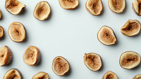 A beautiful arrangement of dried fig pieces on a light background, showcasing their unique texture and rich colors. Perfect for healthy snack ideas and food photography.の素材