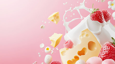 A vibrant composition of cheese, strawberries, and raspberries in a playful splash of milk against a pink backdrop, evoking freshness and indulgence.の素材