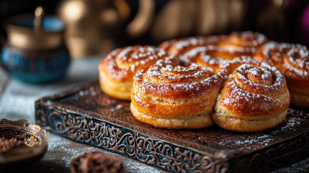 A beautifully baked sweet pastry with a spiral design, perfect for a cozy brunch or dessert. Its golden crust and dusting of sugar add a warm touch.の素材